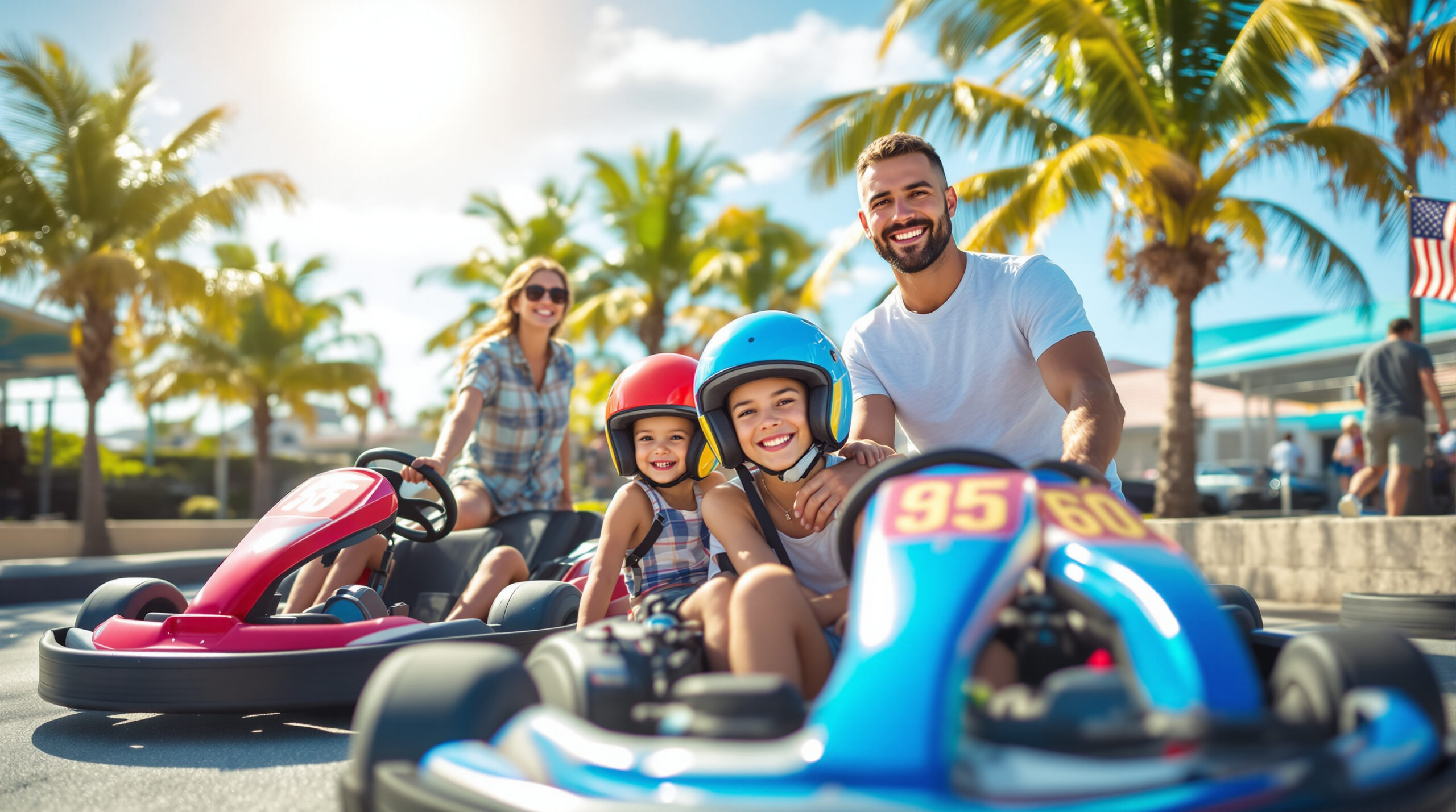 Smiling family with two kids in helmets stands beside go-karts at a sunny, generic track with palm trees in the background.