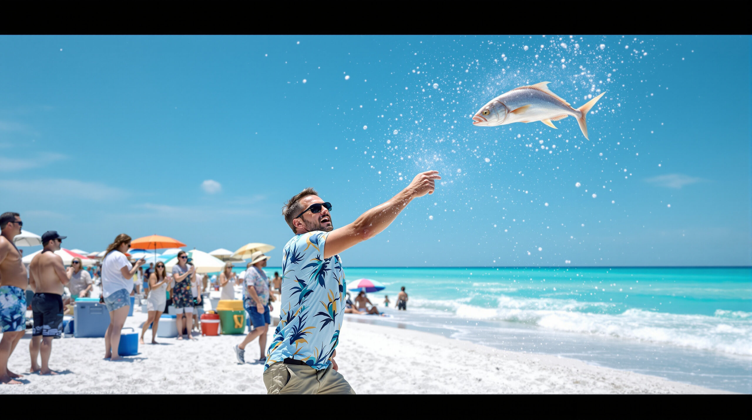 A man throws a mullet fish during a beach competition, with cheering spectators, umbrellas, and the Gulf of Mexico in the background under a sunny blue sky.