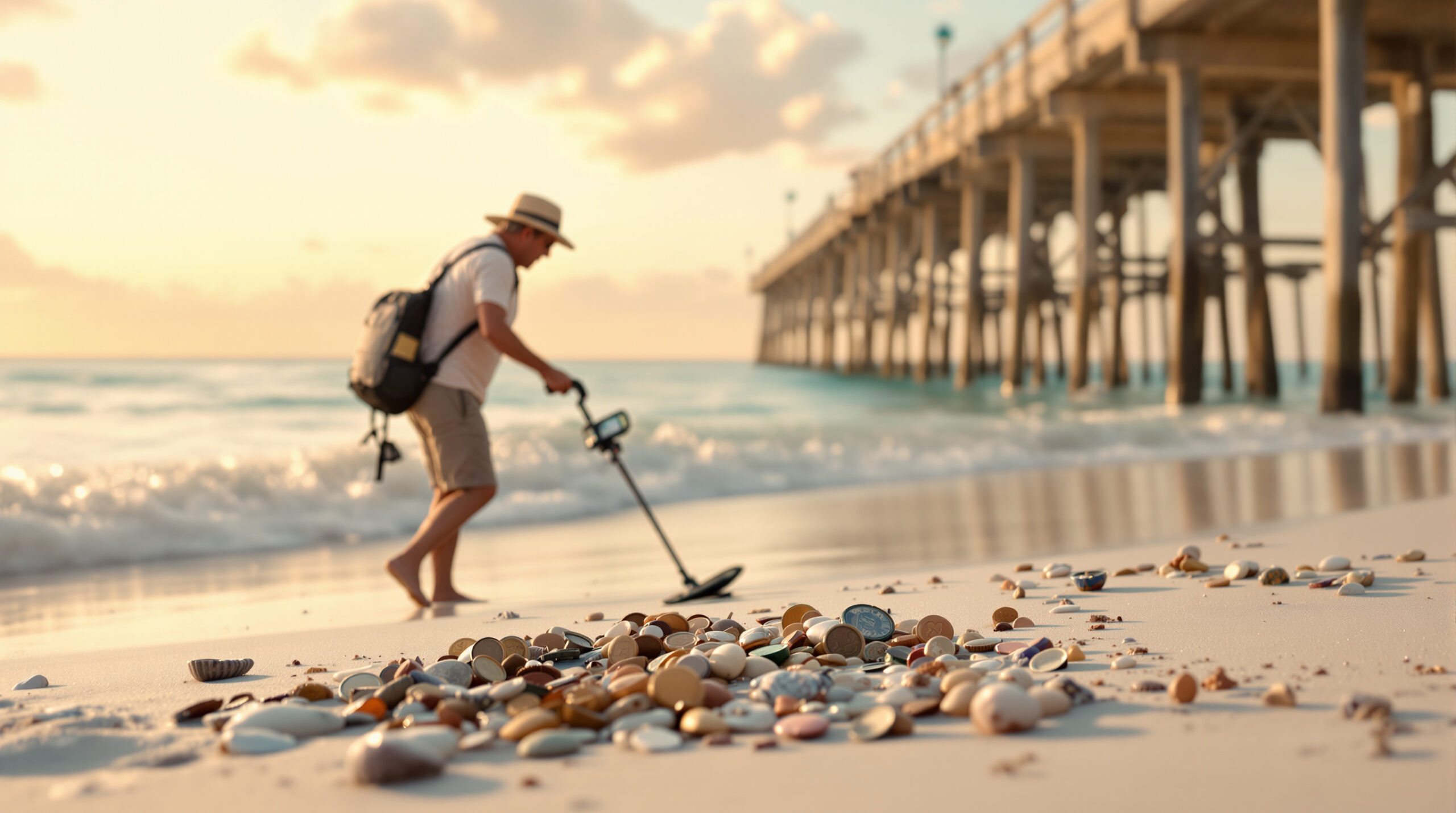 Two people metal detecting on a sandy beach at sunrise, with unearthed coins and seashells in the foreground and gentle waves in the background.