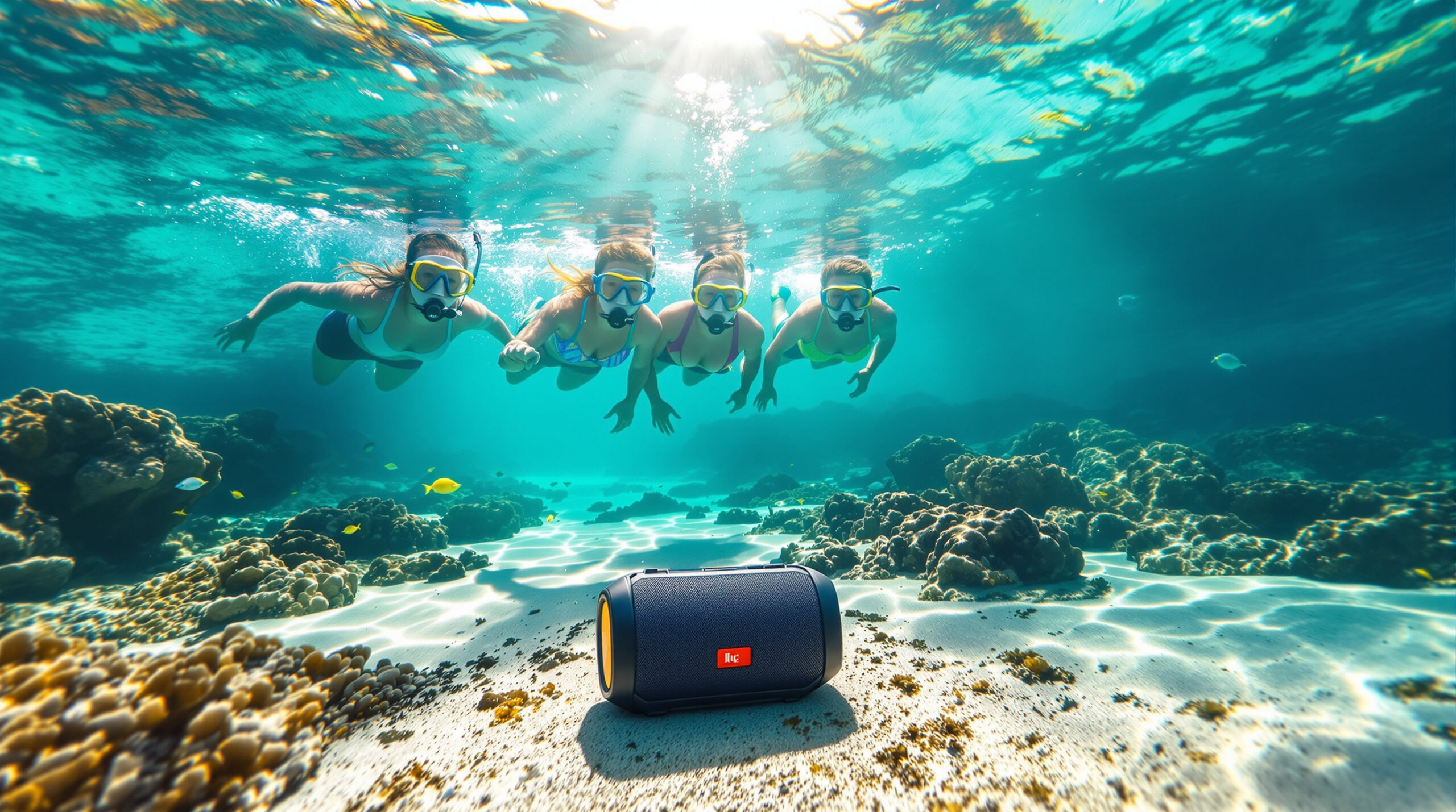 Three snorkelers explore an underwater artificial reef with a compact speaker on the sandy bottom as sunlight filters through clear blue Gulf water, surrounded by coral and small fish.