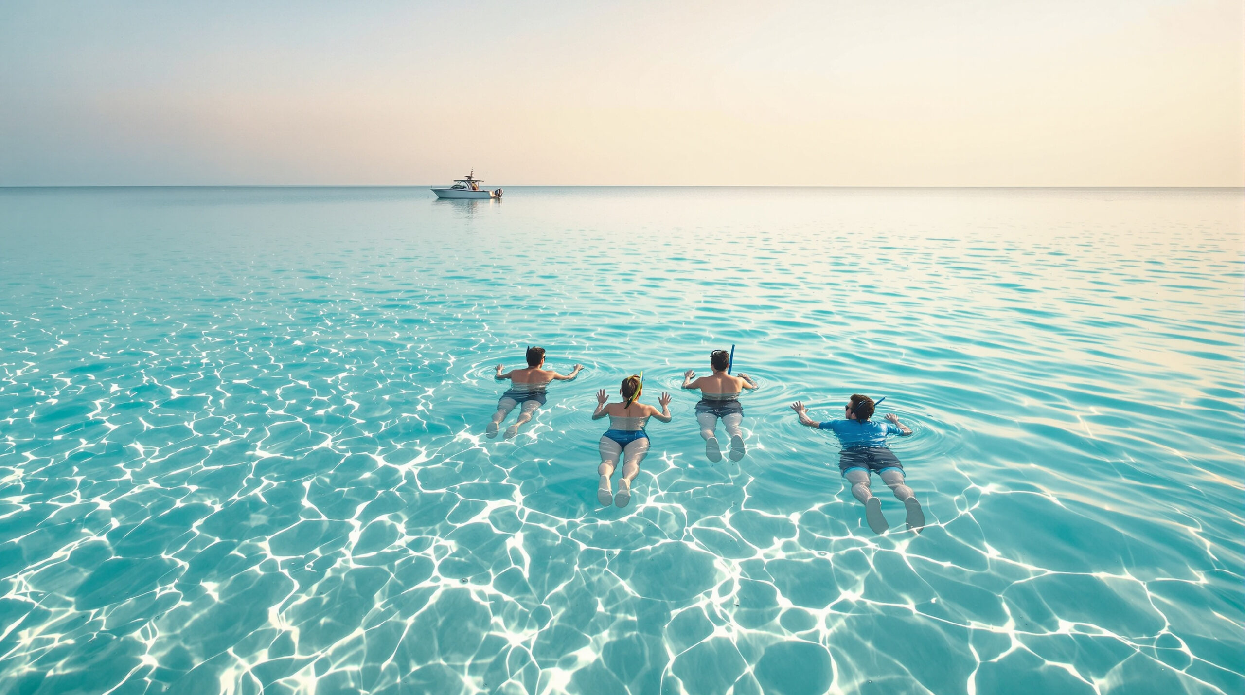 Three snorkelers float over a clear sandbar in calm, glassy turquoise water at sunrise, with a small boat in the background and soft morning light illuminating the tranquil scene.