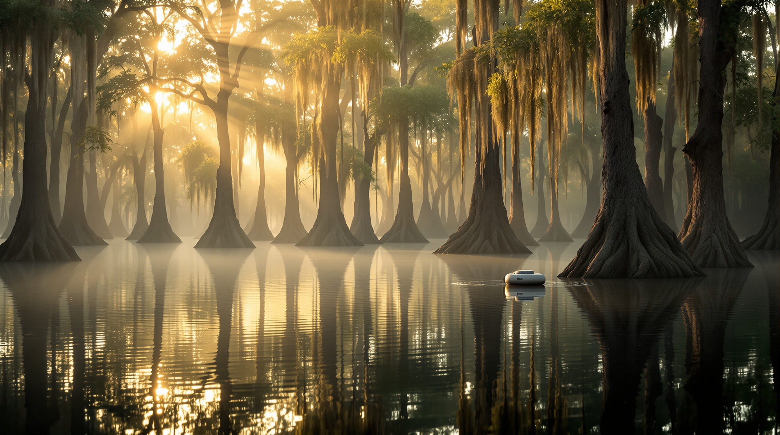 Early morning light over a misty cypress swamp with still water, bald cypress trees draped in Spanish moss, and a heron standing near the roots. Subtle ripples spread from a floating research buoy, evoking a sense of tranquil acoustic study.