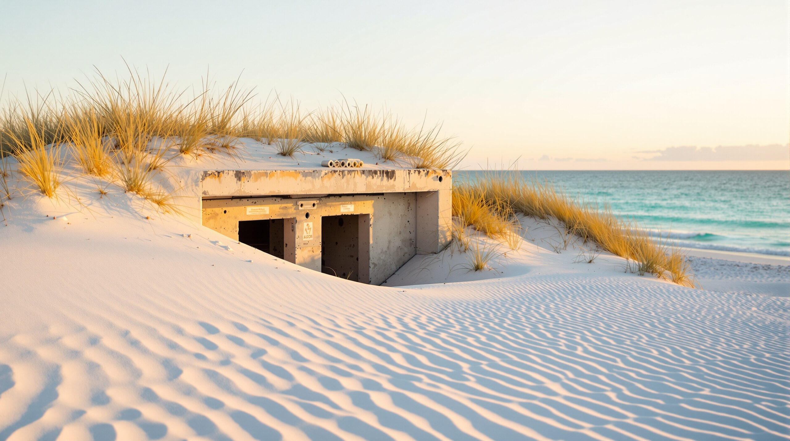 World War II concrete bunker partially buried in sandy coastal dunes with sea oats, soft morning sunlight, and the Gulf of Mexico in the background near Panama City Beach, Florida