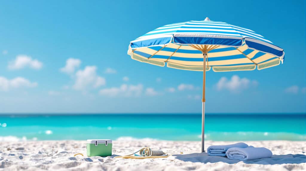 Blue and white striped beach umbrella anchored with a sand screw in bright white sand, with a cooler and towels nearby, gentle breeze, and turquoise water under a clear sky.