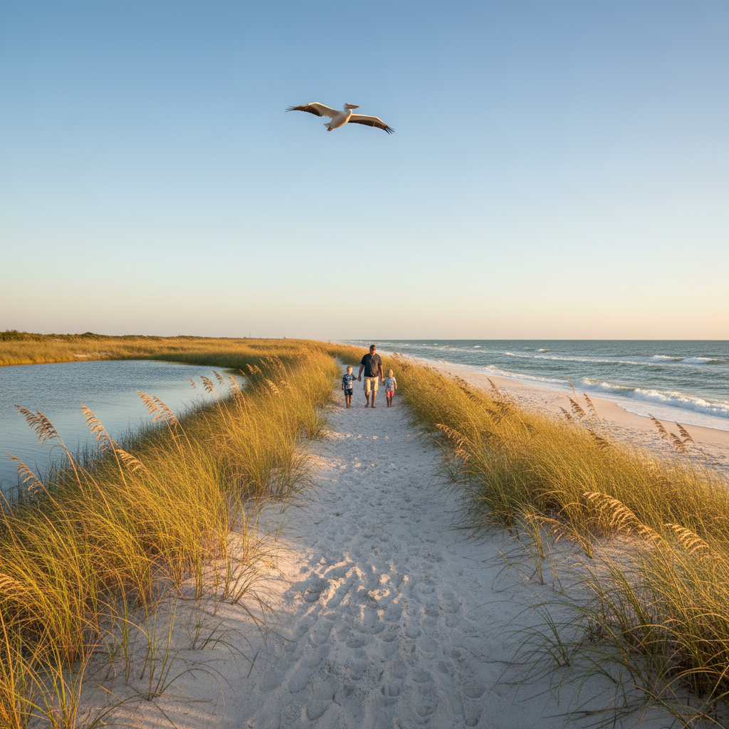 A family walks along a sandy trail at sunrise between a coastal dune lake and the Gulf, with tall sea oats and a pelican flying overhead.