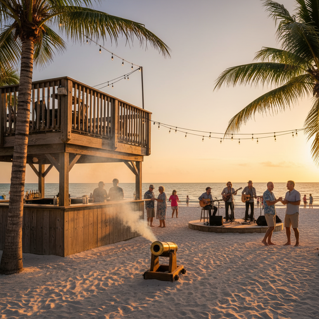 A beachfront bar with a wooden deck at sunset, a small cannon releasing smoke on white sand, live musicians performing, and people of various ages dancing and enjoying the evening under string lights and palm trees along the Gulf Coast.