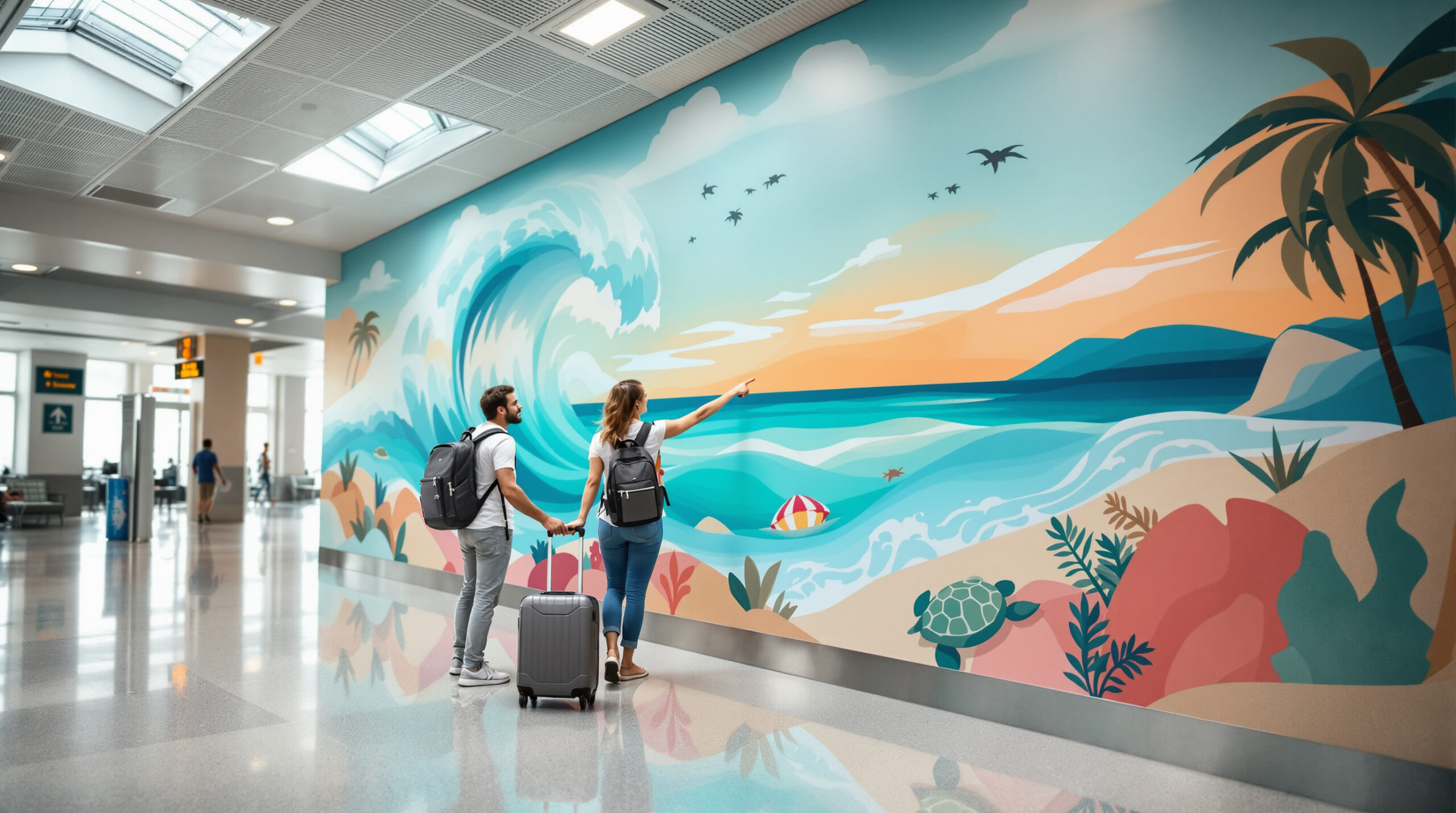 Two travelers admire a colorful beach-themed mural featuring waves, sea turtles, and palm fronds in a bright, modern airport corridor.