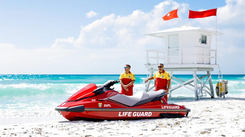 Two lifeguards in red and yellow uniforms stand beside a red rescue jet ski on a white-sand beach with gentle turquoise waves and a blurred lifeguard tower in the background.