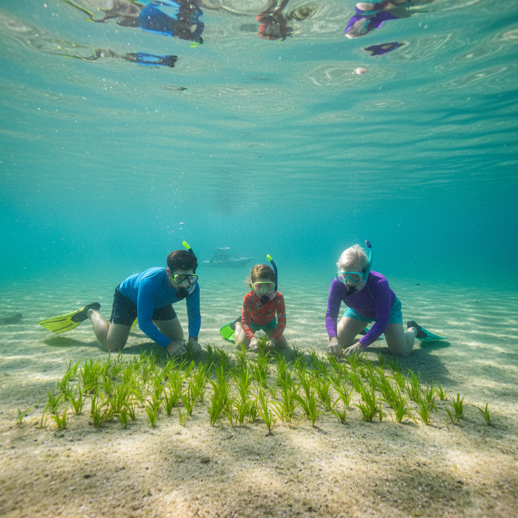 Three volunteers—an adult, child, and retiree—planting seagrass underwater in clear, sunlit Florida bay with snorkel gear.