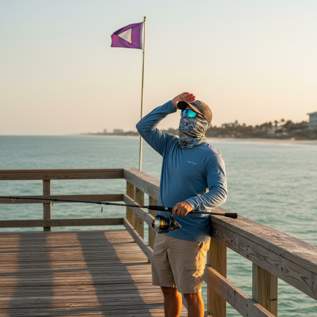 Angler wearing a face buff and sunglasses checks wind direction on a wooden fishing pier in Florida at sunset, with a purple warning flag visible in the background and calm turquoise water along the Gulf Coast.