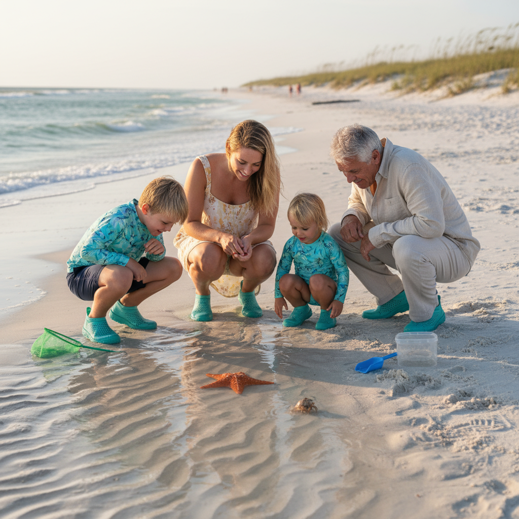 A family with two young children and a grandparent crouches together on a sandy beach at low tide, observing a starfish and a hermit crab in a shallow tide pool; beach gear including a mesh net, clear jar, and plastic scoop are nearby under soft morning light.