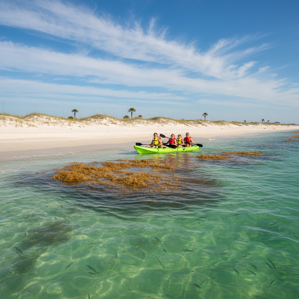 Family kayaking near floating sargassum mats in clear emerald Gulf water with sandy beach and palm trees in the background