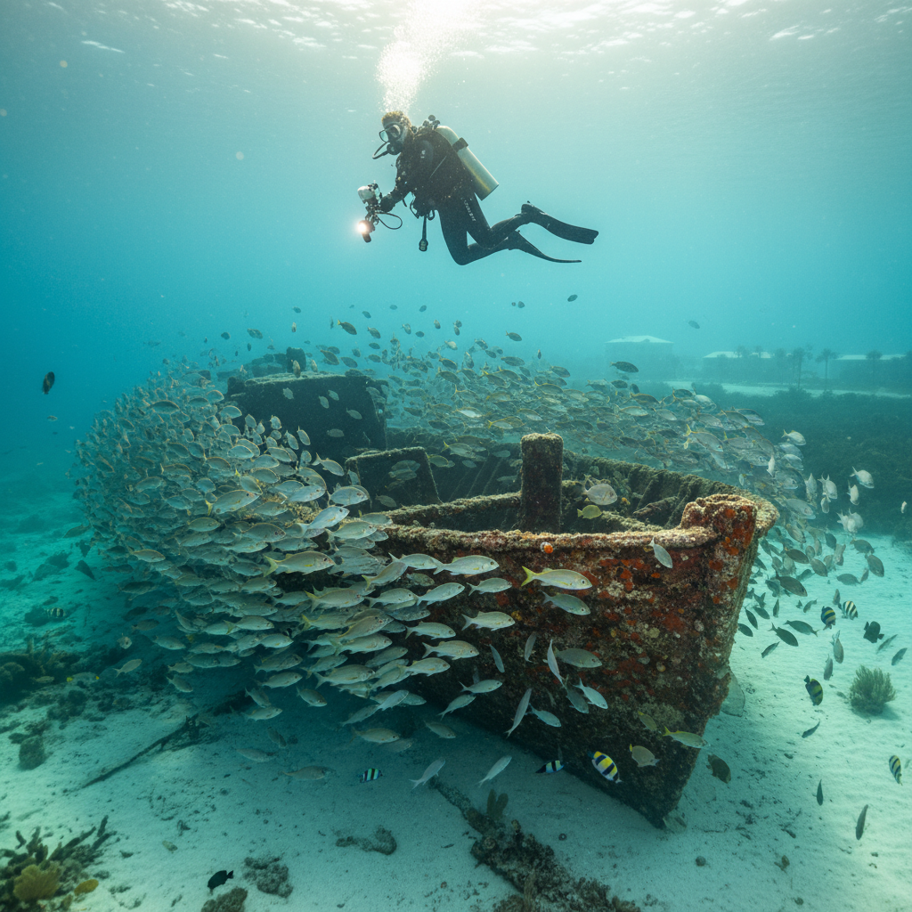Scuba diver explores a fish-covered shipwreck on the sandy Gulf seafloor near Panama City Beach, with sunlight filtering through clear turquoise water.