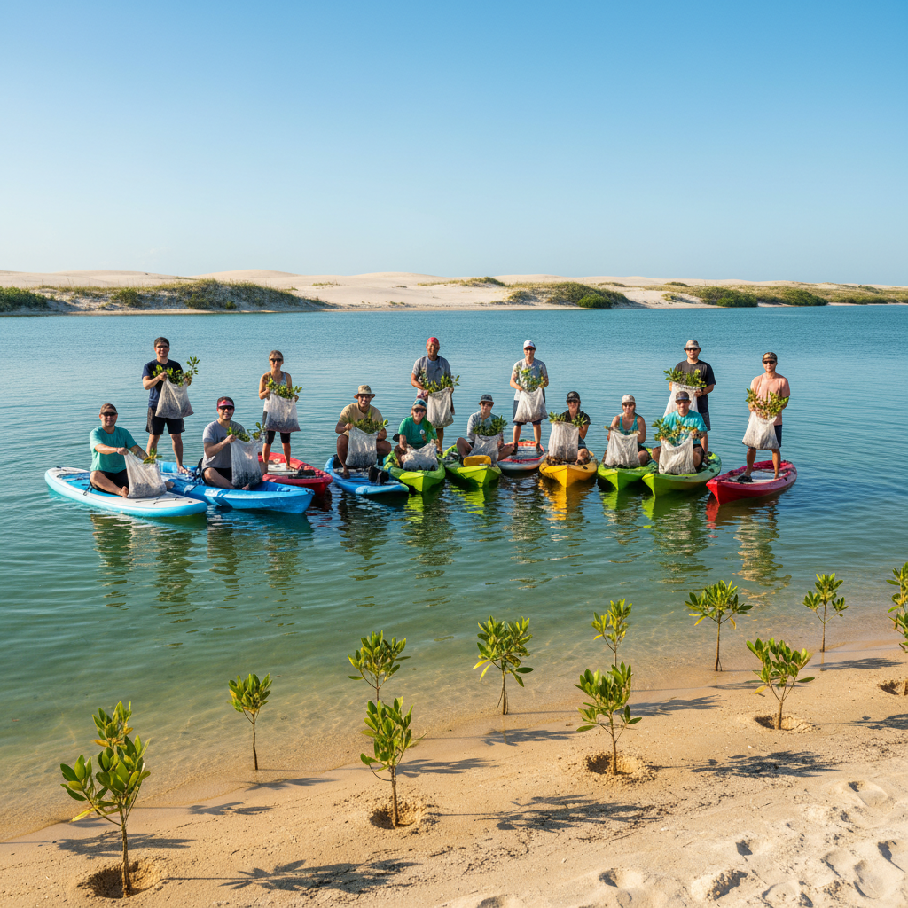 Volunteers in kayaks and paddleboards planting mangrove seedlings in shallow water near a sandy Florida shoreline under a clear sky