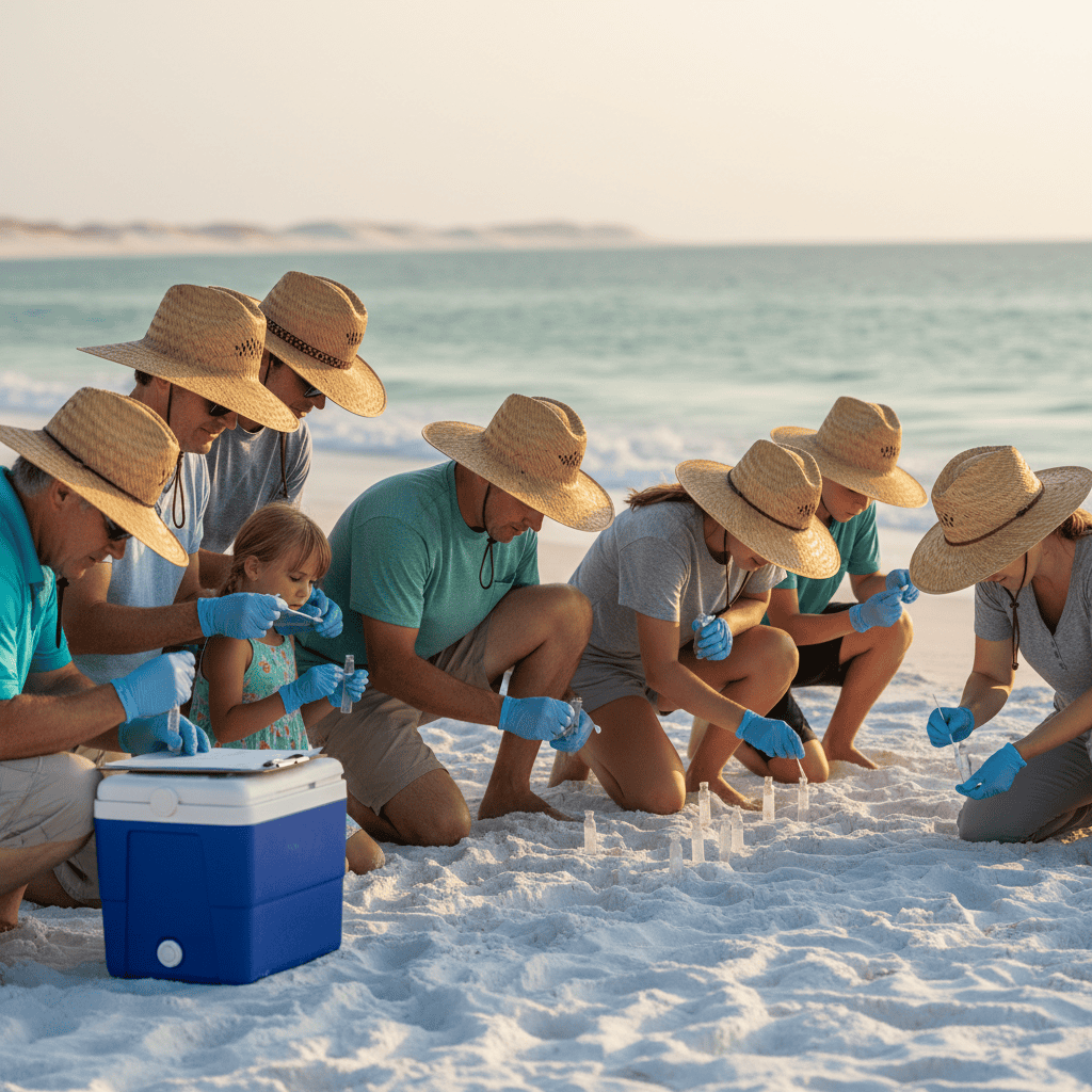 A group of volunteers, including adults and children wearing wide-brim hats and blue nitrile gloves, kneel on sugar-white sand at sunrise, swabbing samples and placing them into vials beside a blue cooler with the gentle Gulf waters in the background.