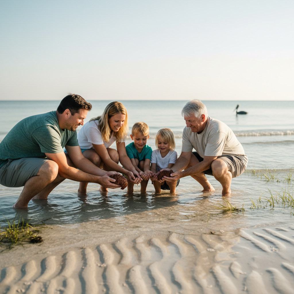 Family of five with two children and a grandparent kneeling together on a sandy shore, gently holding sea cucumbers in shallow Gulf water with seagrass and a pelican in the distance under bright morning sunlight.