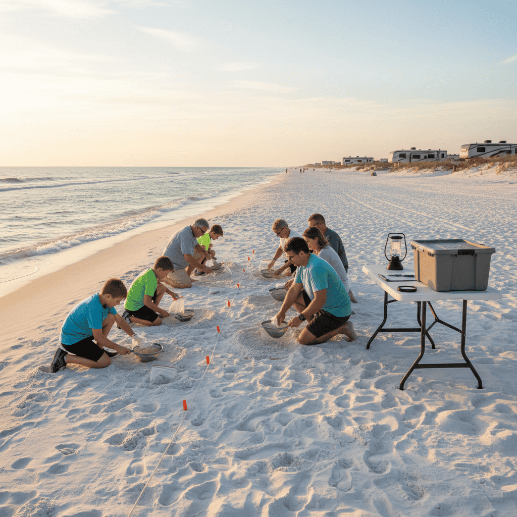 A group of people kneels on a sandy beach, working with small buckets and tools in the sand near spaced orange markers, with a folding table and box nearby.