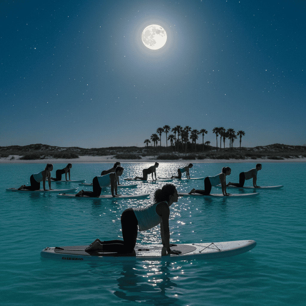Group of adults practicing yoga on paddleboards under a full moon in a calm coastal lagoon near Panama City Beach, Florida, with soft moonlight reflecting on the water and distant sand dunes in the background