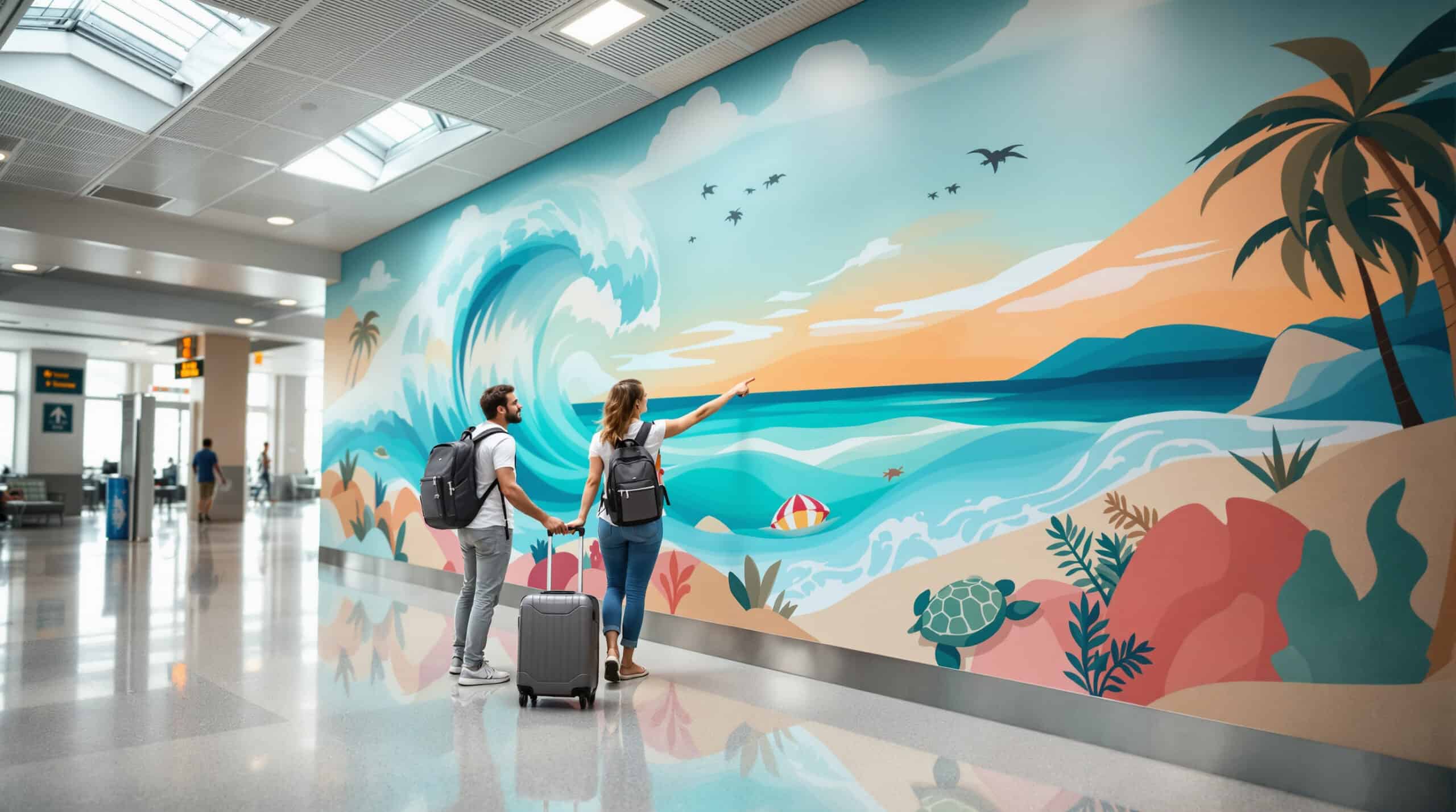 Two travelers with suitcases stand in an airport, looking at and pointing to a colorful beach-themed mural on the wall.