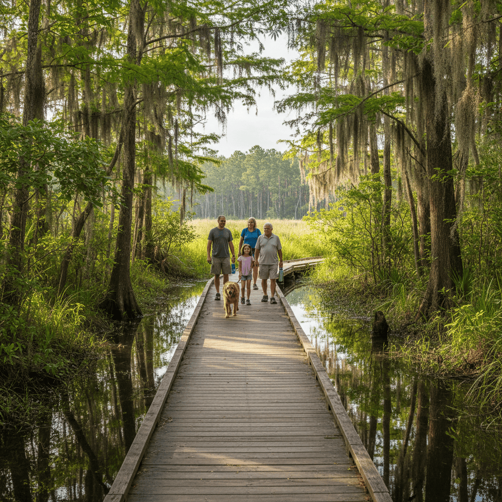 Family and older couple walking a shaded boardwalk trail through cypress wetlands near Panama City Beach, Florida, with a leashed dog and water bottles