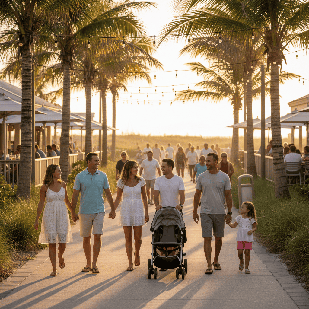Families and other visitors walk along a palm-lined outdoor promenade at sunset in Panama City Beach, Florida, with string lights overhead and dining patios on both sides.
