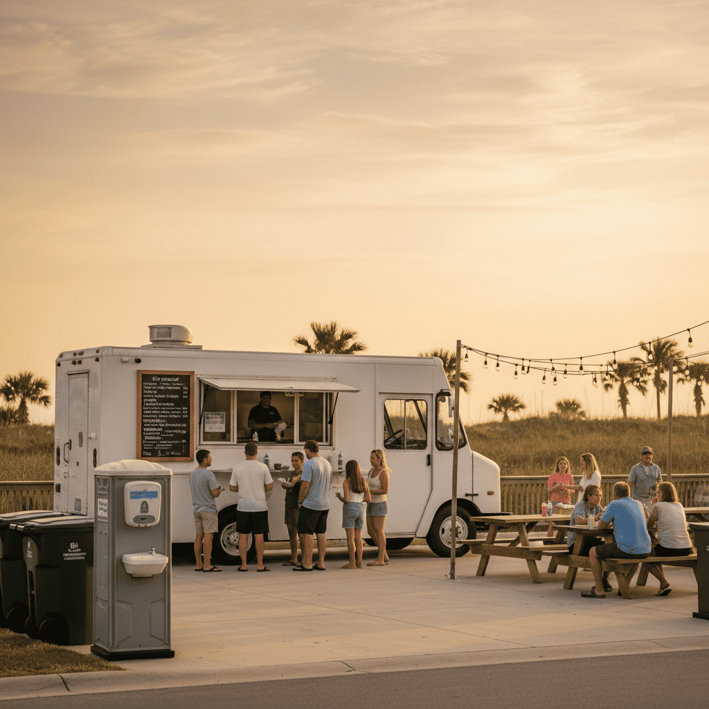 People line up at a white food truck while others eat at picnic tables under string lights near beach dunes at sunset in Panama City Beach, Florida