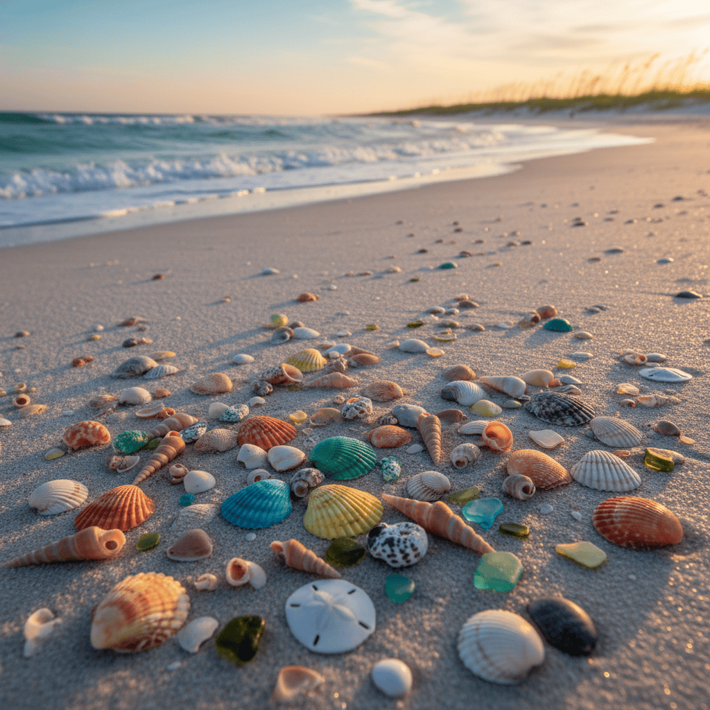 Family searching for seashells on a sunny Panama City Beach, with children holding buckets and adults walking along the shoreline near gentle waves.