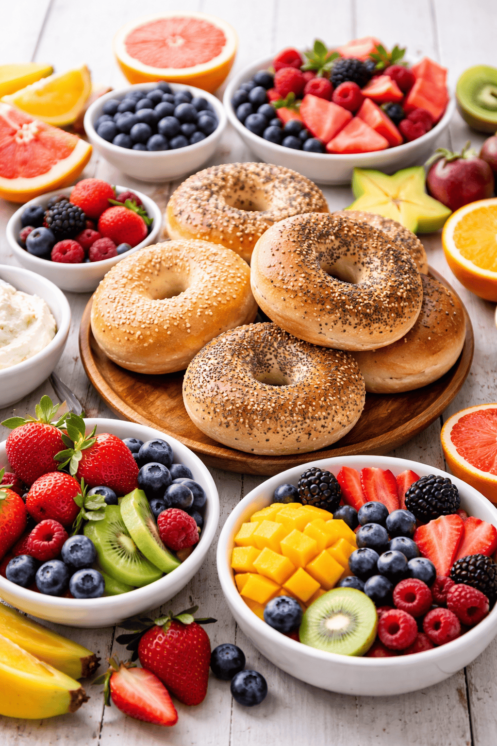 Assorted bagels on a wooden plate surrounded by bowls of mixed fresh fruit, berries, and cream cheese on a white wooden surface.