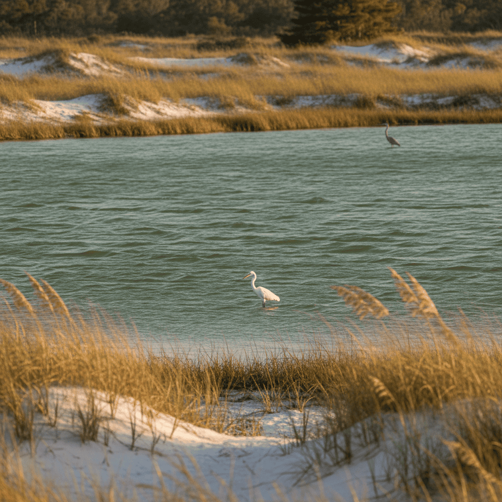 White egret wading in calm coastal dune lake water with sea oats and sandy dunes in the foreground near Panama City Beach, Florida