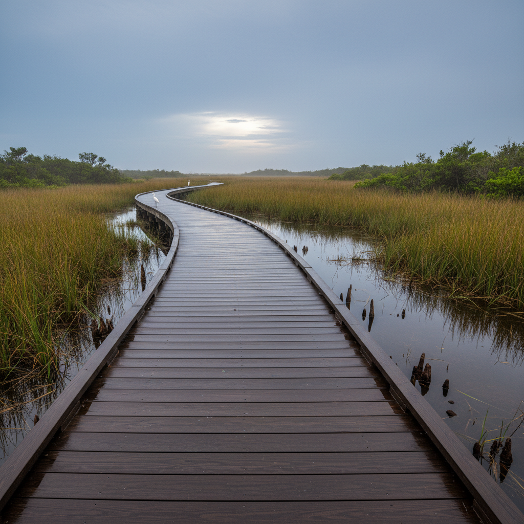 Wet wooden boardwalk curving through a Panama City Beach, Florida wetland after rain, with tannin-dark water reflections, cypress knees, and marsh grasses