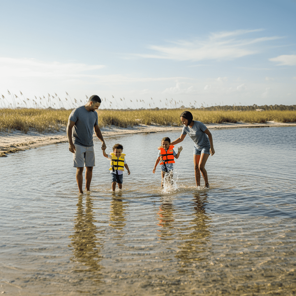 Toddler playing in shallow calm water along a sheltered bay in Panama City Beach, Florida, with soft sand and gentle ripples near the shoreline