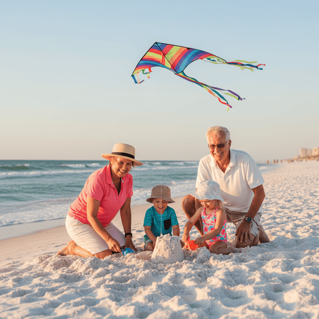 Panama City Beach shoreline with white sand and turquoise Gulf water under a clear blue sky