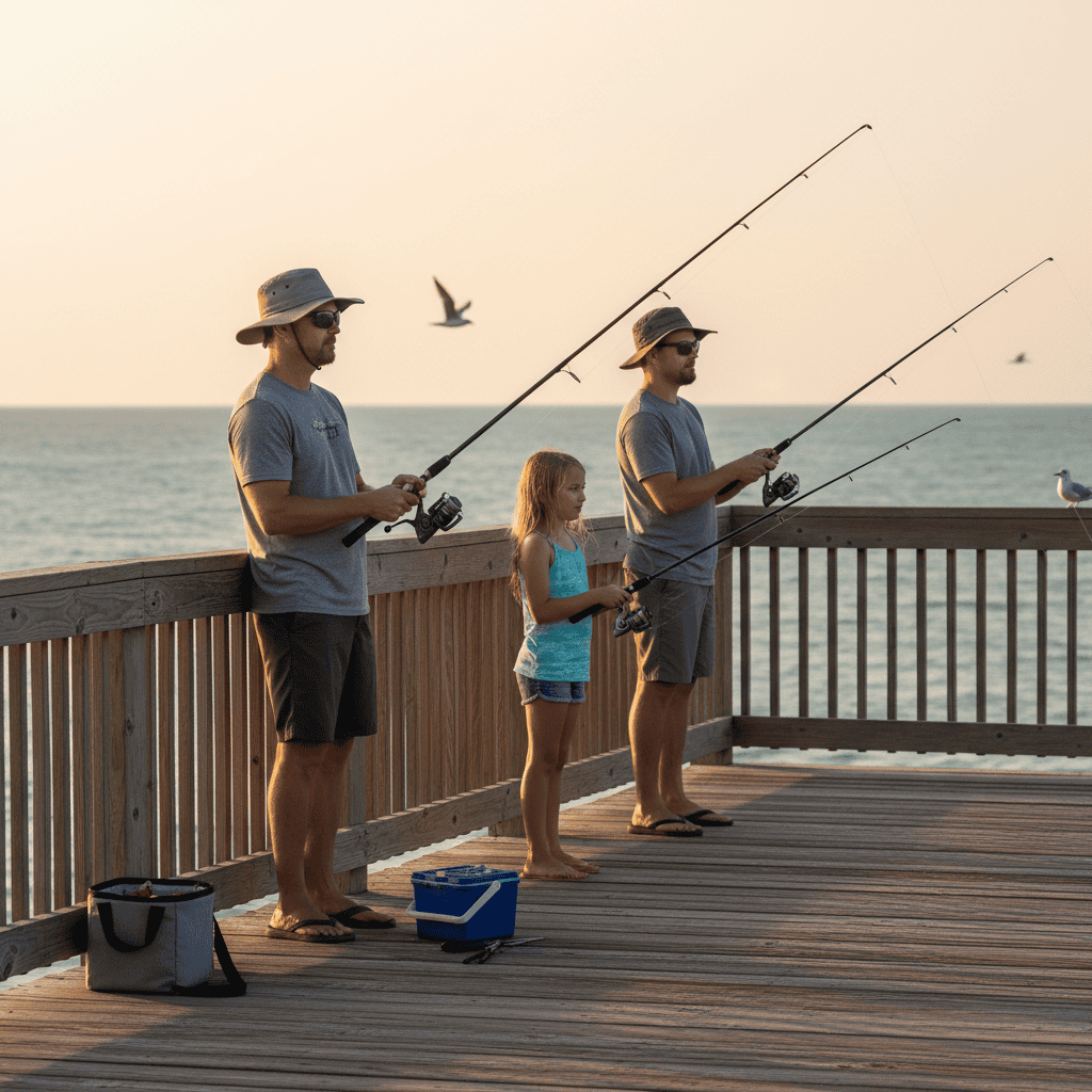 Two adults and a child fish with spinning rods on a wooden pier at sunrise in Panama City Beach, Florida, with the Gulf of Mexico and seabirds in the background.
