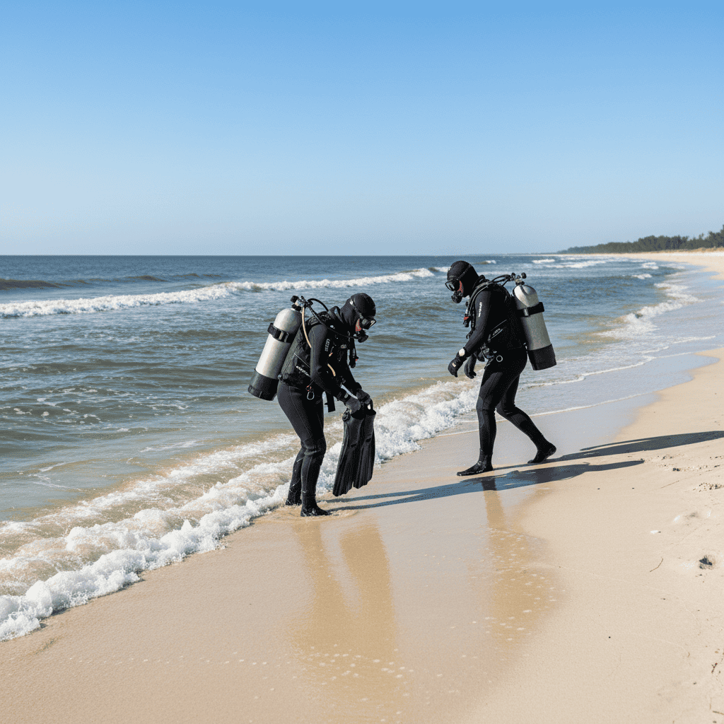 Two scuba divers in wetsuits and tanks prepare for a shore entry on a sandy Panama City Beach shoreline with small breaking waves and calm surf.