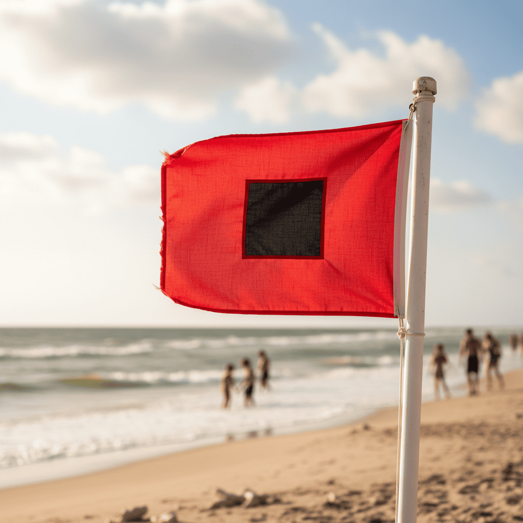 Red beach warning flag on a white pole along the shoreline as small waves roll in and beachgoers stand in the background at Panama City Beach, Florida.