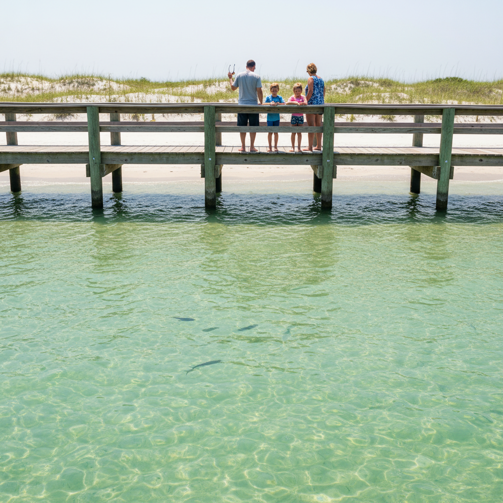 Family standing on a wooden jetty walkway in Panama City Beach, Florida, looking into calm clear emerald water on a sunny day