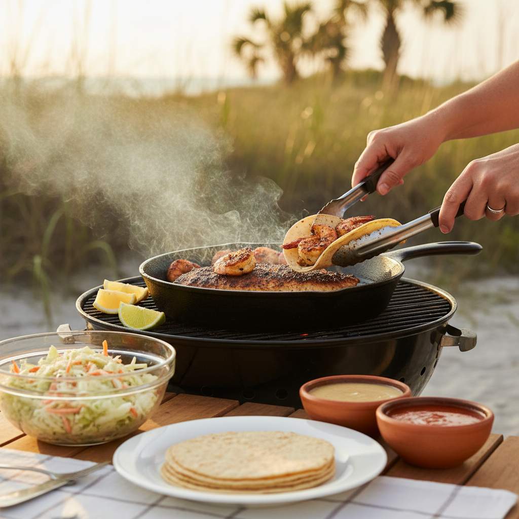 Hands using tongs to assemble tacos with blackened fish and shrimp in a cast-iron skillet on an outdoor grill, with lemon wedges, slaw, and sauces on a picnic table near a beach at sunset.