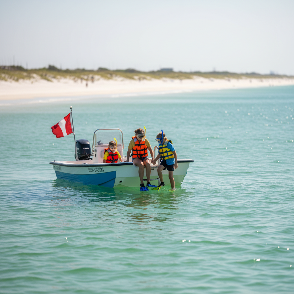 Family in life vests steps off a small boat to snorkel in clear Gulf water near Panama City Beach, Florida, with a diver-down flag and white-sand shoreline in the background.