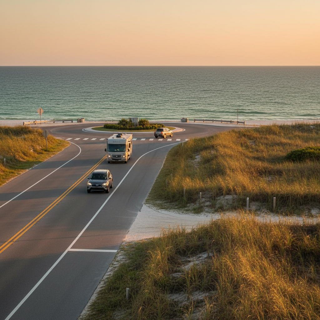 RV and SUV driving on a quiet coastal road near Panama City Beach, Florida, approaching a roundabout with beach dunes and emerald water in the distance