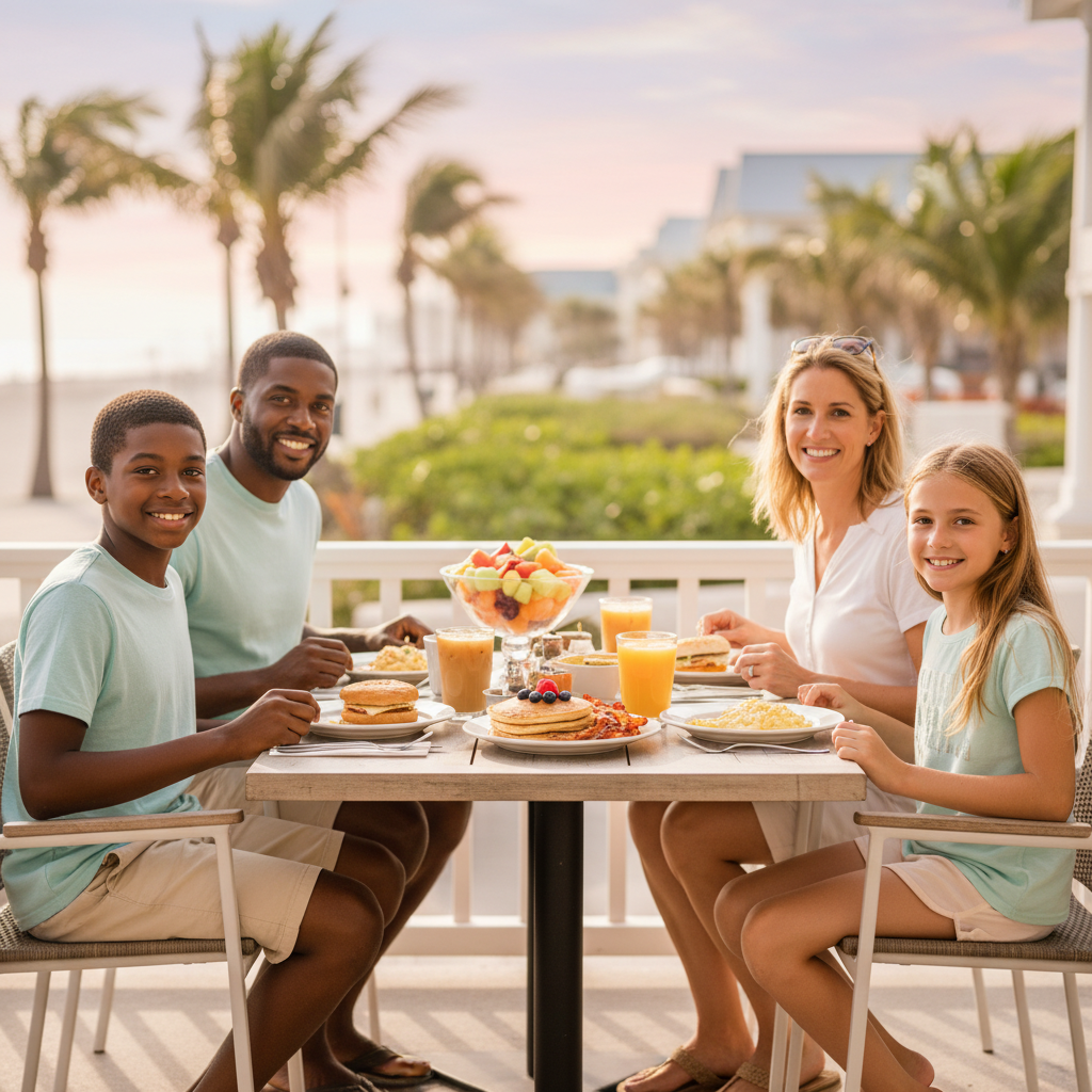 Family enjoying breakfast plates with pancakes and coffee at a Panama City Beach restaurant near the waterfront