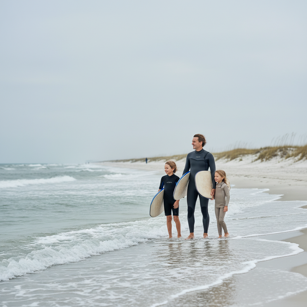 Adult in a full wetsuit and two kids in wetsuits holding surfboards at the shoreline on a breezy, overcast Panama City Beach, Florida Gulf Coast day