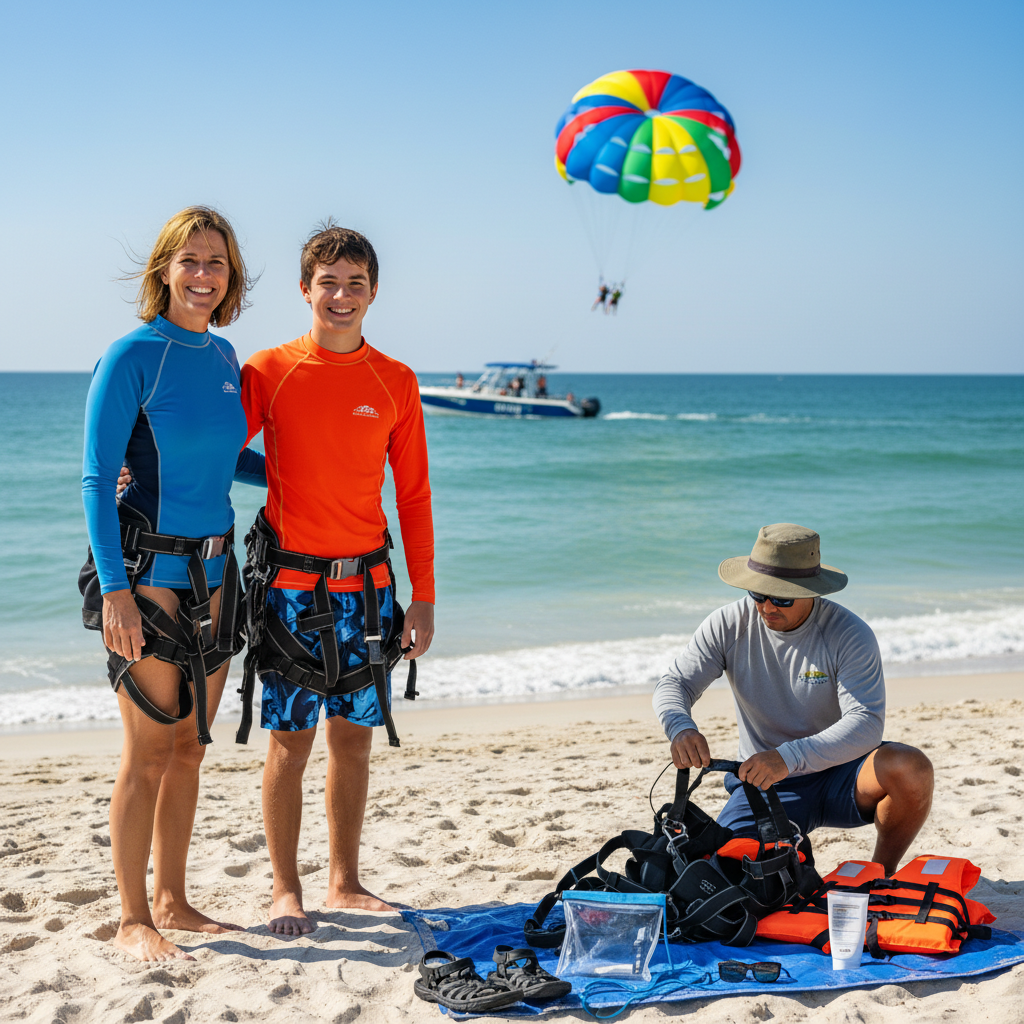 Woman and teenage boy in parasailing harnesses smile on a sandy Panama City Beach shoreline as a crew member prepares gear, with a colorful parasail and boat flying offshore in the background.