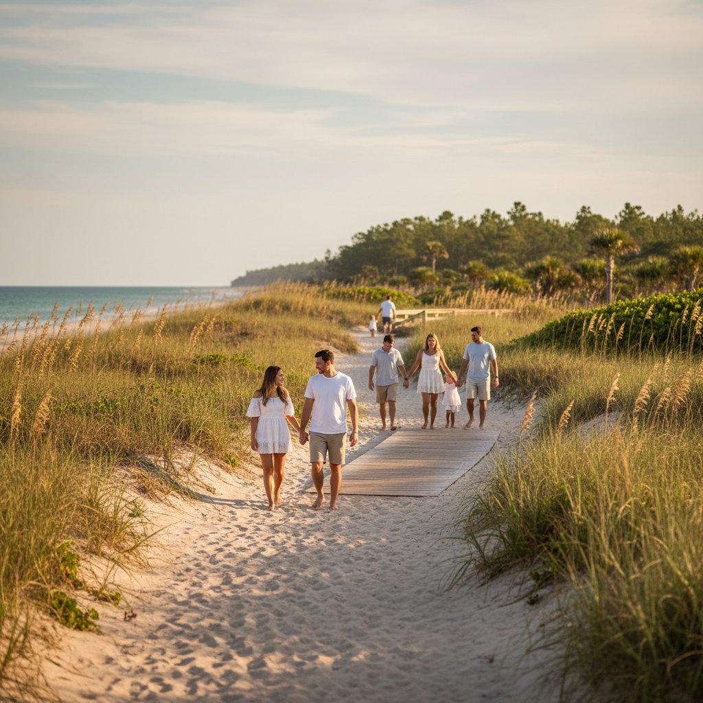 Couple and family walking a short sandy coastal trail near dunes and a boardwalk with water views at golden hour in Panama City Beach, Florida