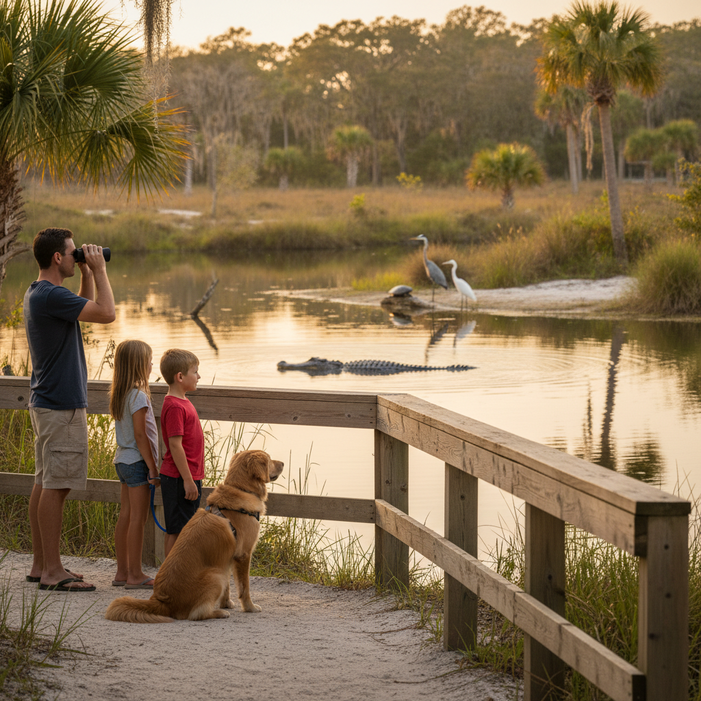 Family watches an alligator from a safe distance at a lakeside overlook in St. Andrews State Park near Panama City Beach, Florida, with wading birds on the water and a leashed dog beside them.