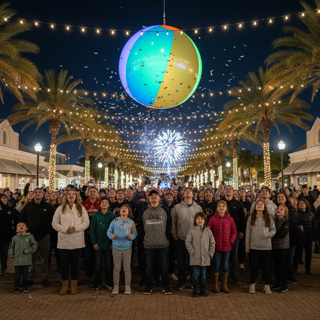 Crowd of families and visitors watches a glowing beach ball drop above an outdoor shopping district lined with palm trees and string lights as fireworks burst on New Year’s Eve in Panama City Beach, Florida.