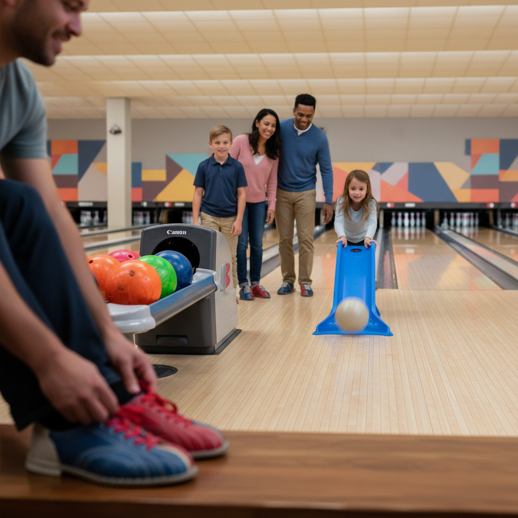 Family bowling at an indoor alley in Panama City Beach, with children using bumpers and colorful lanes glowing under overhead lights
