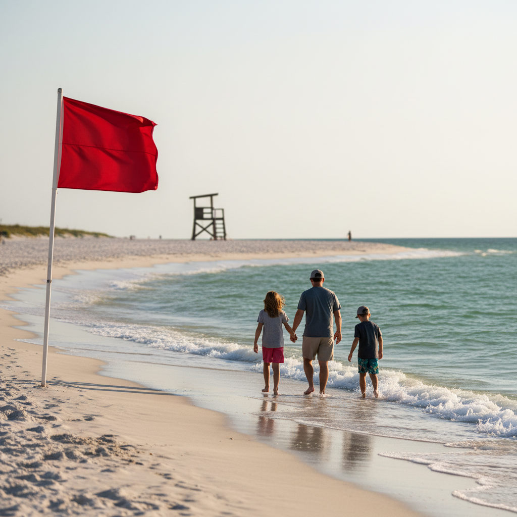 Family walking along the shoreline in Panama City Beach as a red beach warning flag flies near the surf with a lifeguard stand in the distance