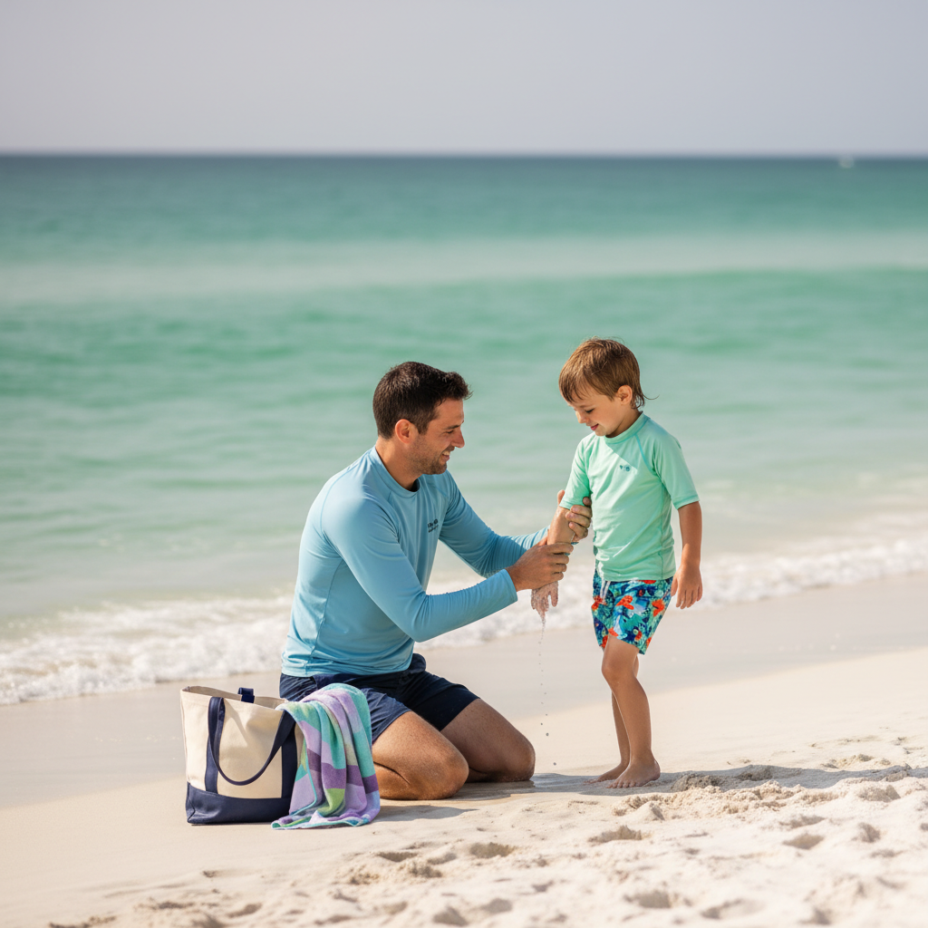 Father kneels on the sandy shore and rinses a young boy’s arm after swimming, with calm turquoise Gulf water in the background.