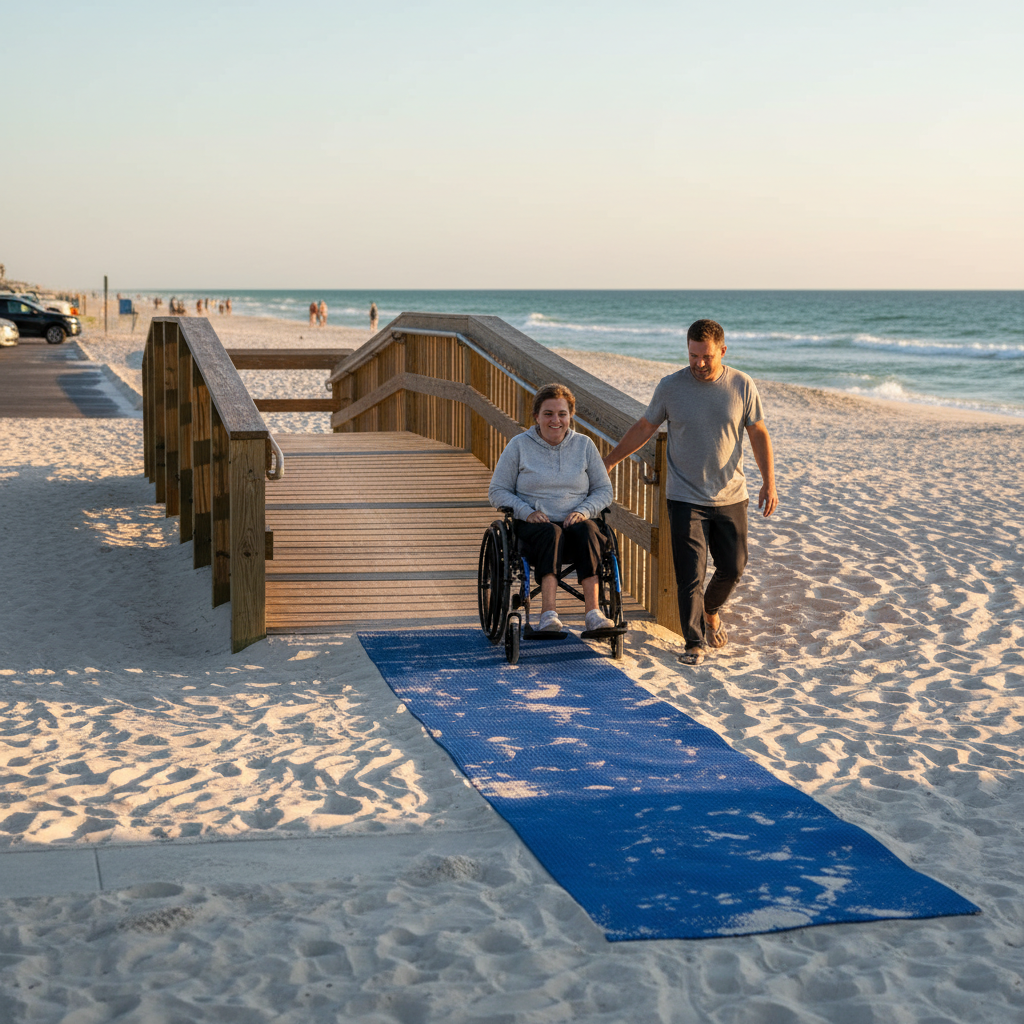 Wheelchair user with a companion rolling down a wooden beach access ramp onto a blue mobi-mat on the sand beside the Gulf shoreline in Panama City Beach, Florida.