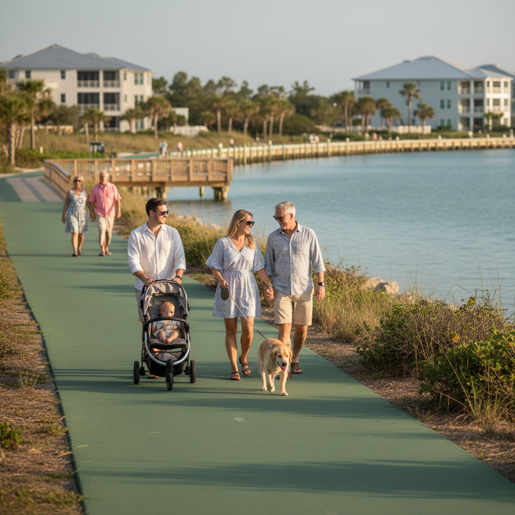Family with a stroller and a leashed dog walking on a wide paved greenway beside a small boardwalk and calm bayfront water in the Panama City, Florida area